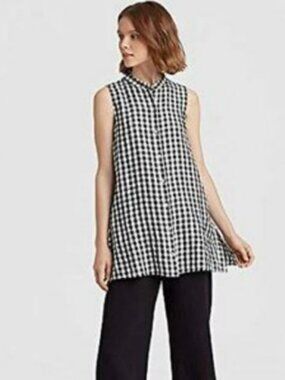 Eileen Fisher Gingham Sleeveless 100% Organic Linen Black White Tunic Top Small